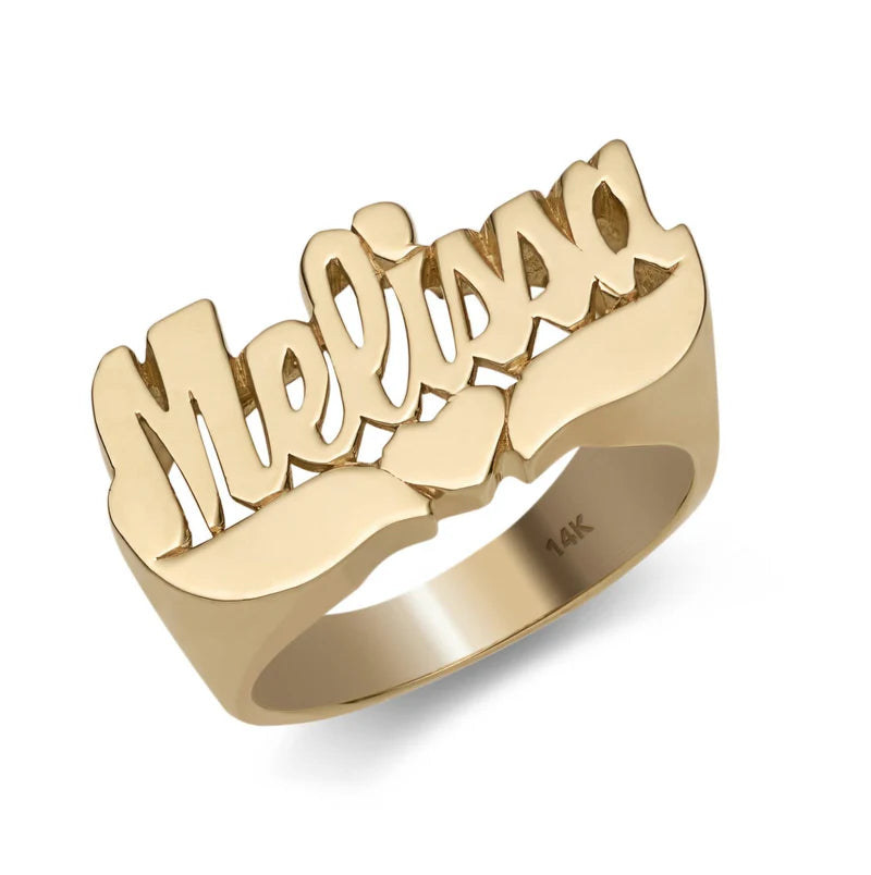 Name Ring With Heart Ribbon 14K Gold - Style 20