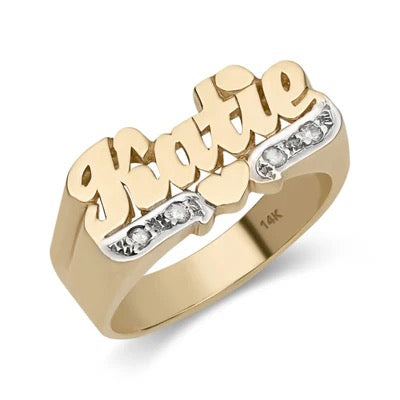 Name Ring With Diamond Heart Ribbon 14K Gold - Style 12