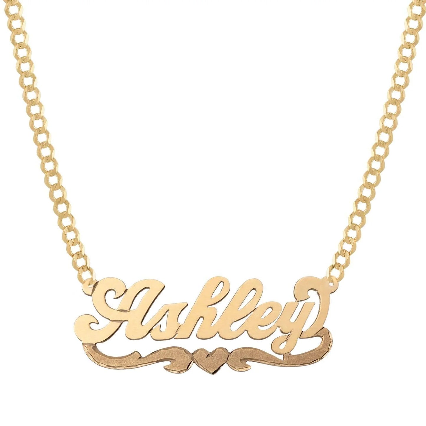 Ladies Script Name Plate Heart Ribbon Necklace 14K Gold