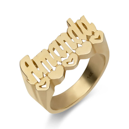 Name Ring With Hearts 14K Gold - Style 17