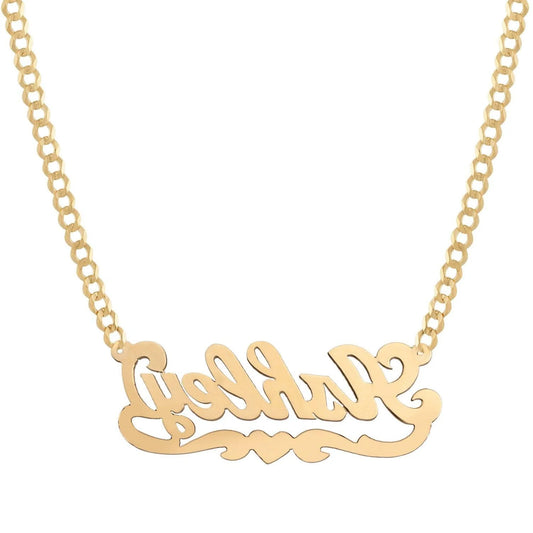 Ladies Script Name Plate Heart Ribbon Necklace 14K Gold