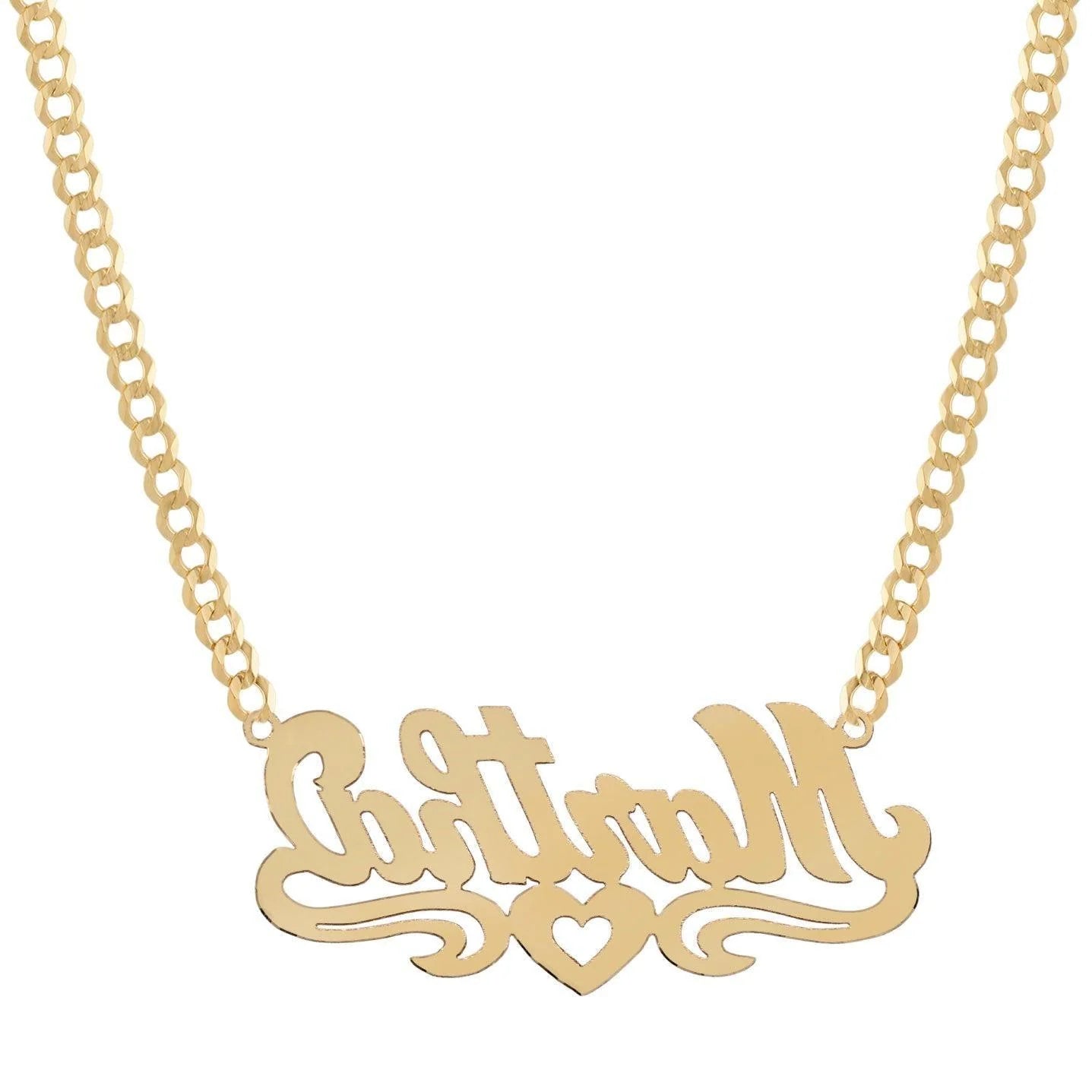 Ladies Script Name Plate Heart Ribbon Necklace 14K Gold