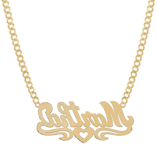 Ladies Script Name Plate Heart Ribbon Necklace 14K Gold